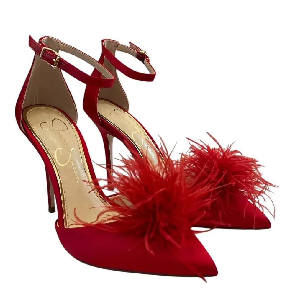 Jessica Simpson Wolistie Ankle Strap Dress Pumps Red Feather Pom Pom Size 6 NEW